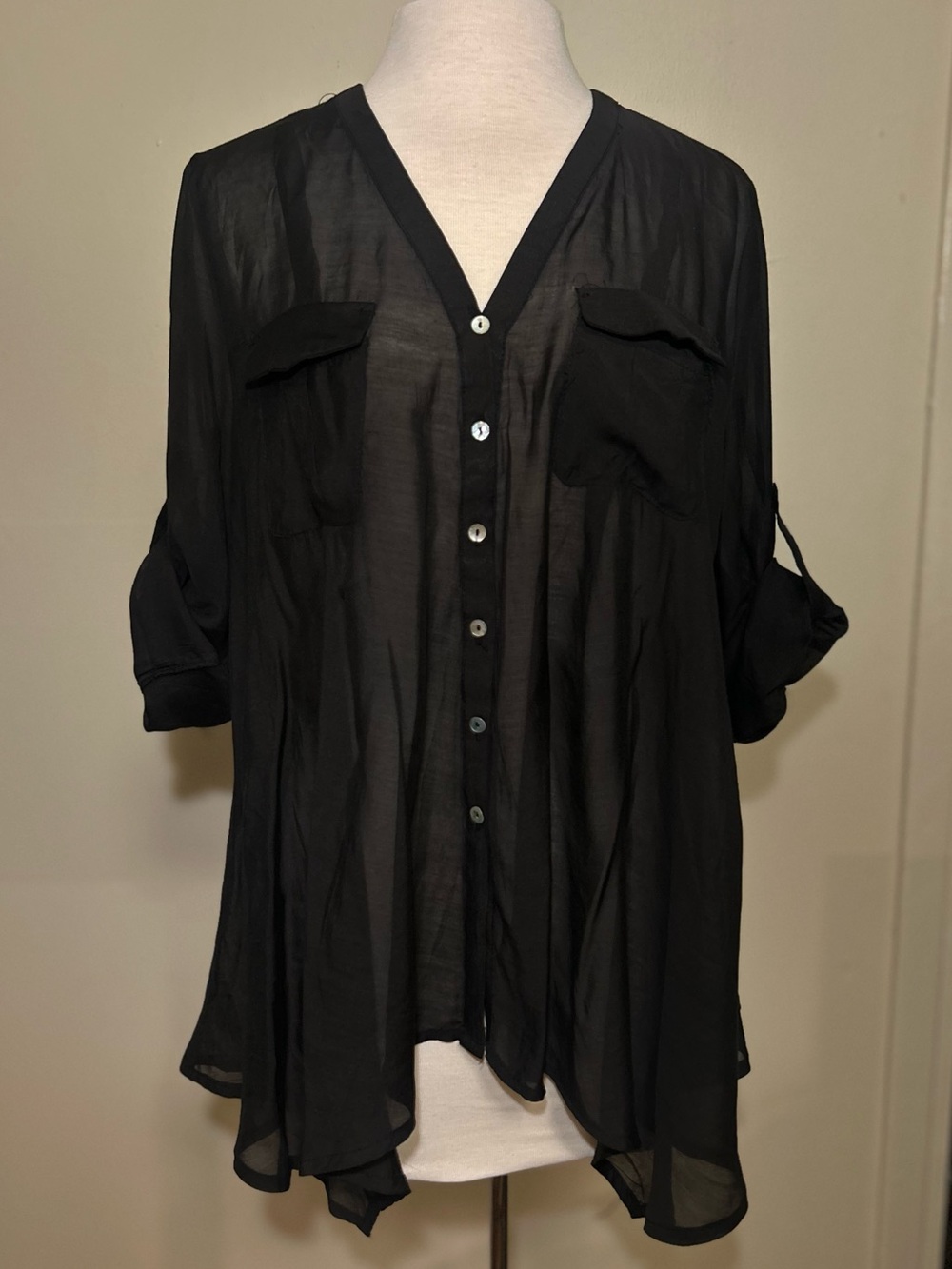 Calvin Klein 100% silk Black Sheer Button-Down Blouse with Chest Pockets